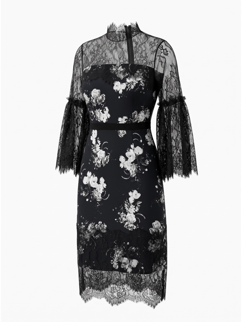 ERDEM Kiya Floral Lace-Illusion Bell Sleeve Midi Dress Black White US 2 UK 6